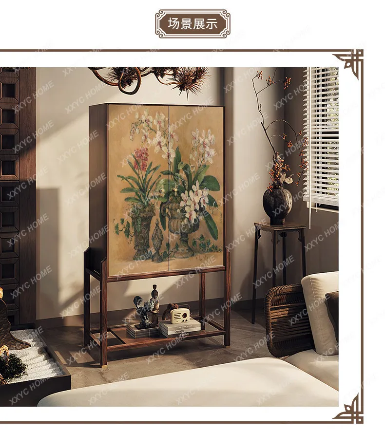 XX new Chinese-style flower solid wood bucket cabinet living room entrance cabinet floor against the wall