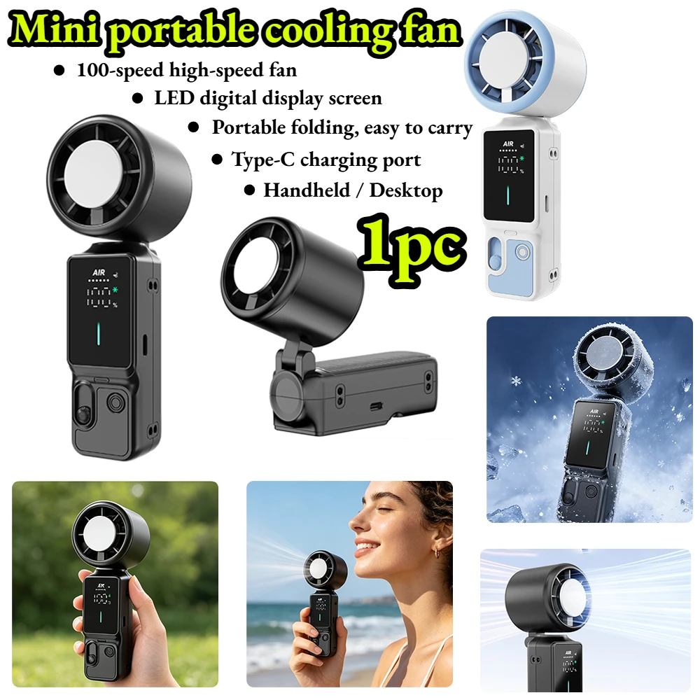 1 100-Speed mini Portable Folding Cooling Fan, with LED Digital Display Screen, Type-C Charging, Handheld and desktop Dual-Use