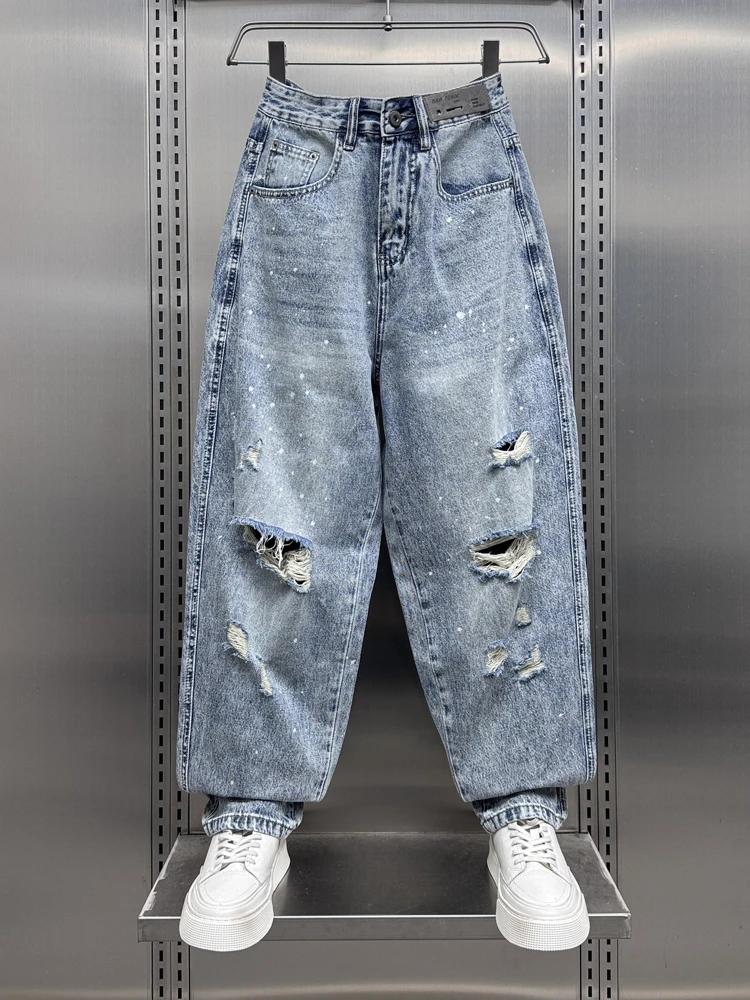 

Retro Waed Hole Denim Jeans Men Faionable Straight Leg Long Pants Summer 2025 Trendy Brand Versatile Cool Youthful Sle