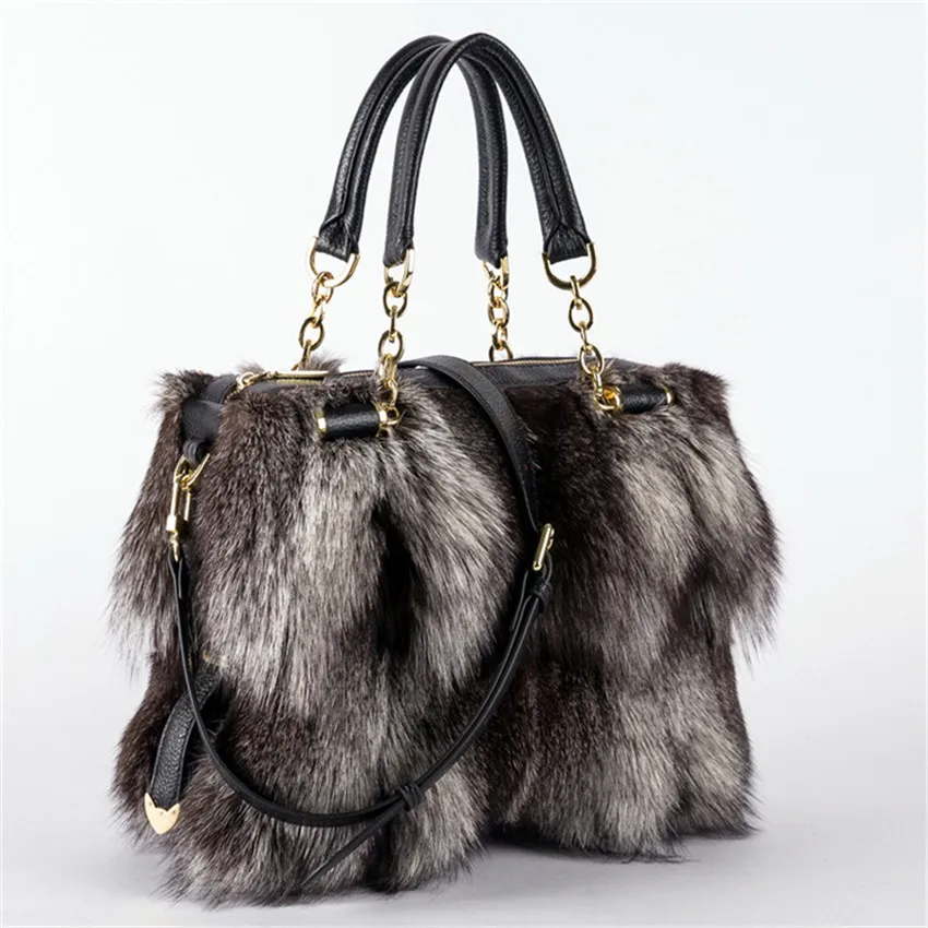 Women Winter Real Fox Fur Handbag Luxury Genuine Fur Party Bag Tote High Quality Designer Evening Bag Fur Leather Female