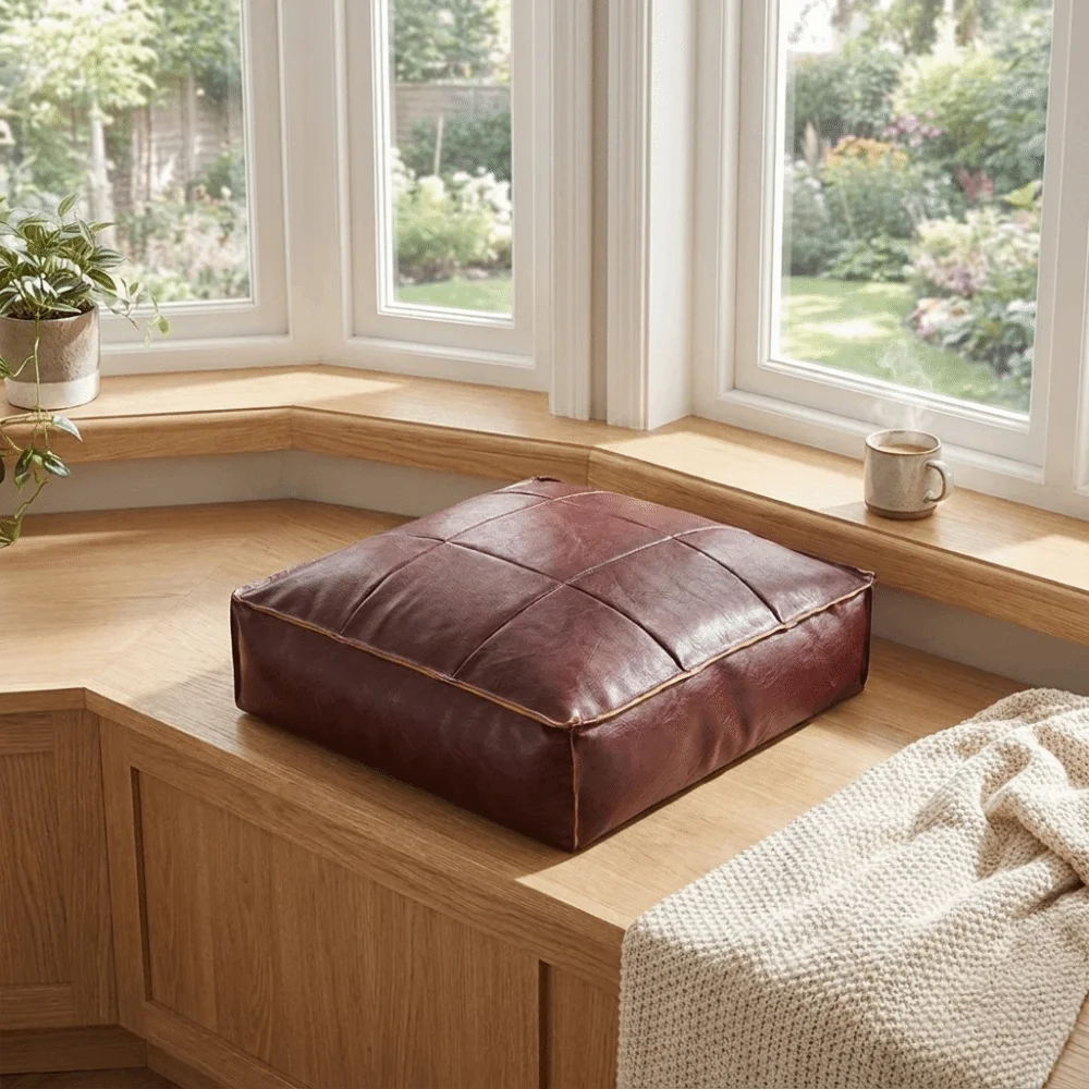 Nine Grids PU Leather Tatami Sitting Mat Waterproof Thickened Storage Leg Bench Soft Pure Color Decorative Ottoman Living Room