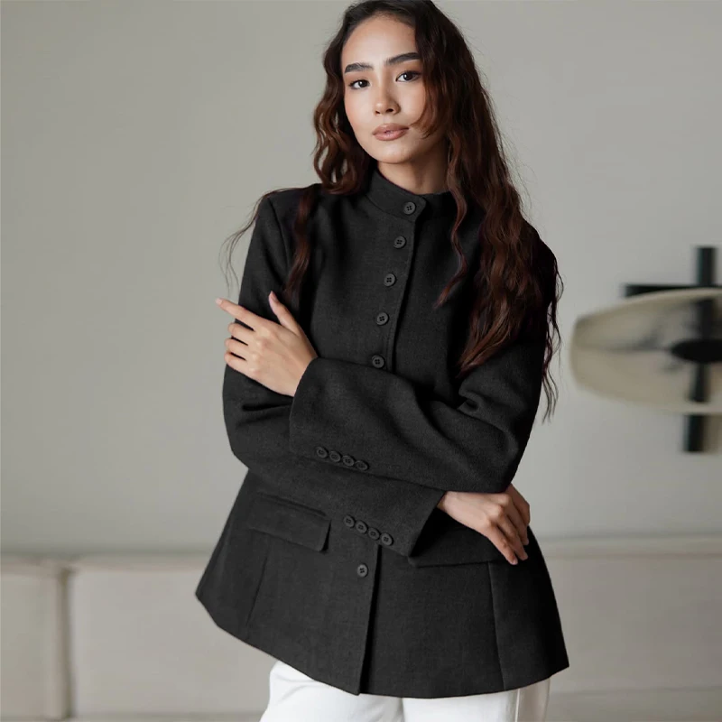 Damen-Blazer mit Stehkragen und Taillenbetonung, elegant, langärmelig, einreihig, schmal geschnitten, schicke Bürojacke – Detail 21