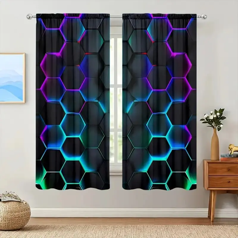 قطعتان من ستائر الفن المطبوعة السداسية المستقبلية، ستائر حقيبة القطب 42*84، غرفة المعيشة في غرفة النوم، ديكور المنزل، ديكور الغرفة #6
