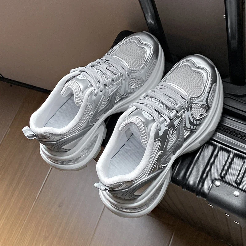 Thick Sole Women Sport Running Shoes Comfortable Walking Sneakers for Girls Spring Summer Silver Lady Fitness Walk Shoes image 3