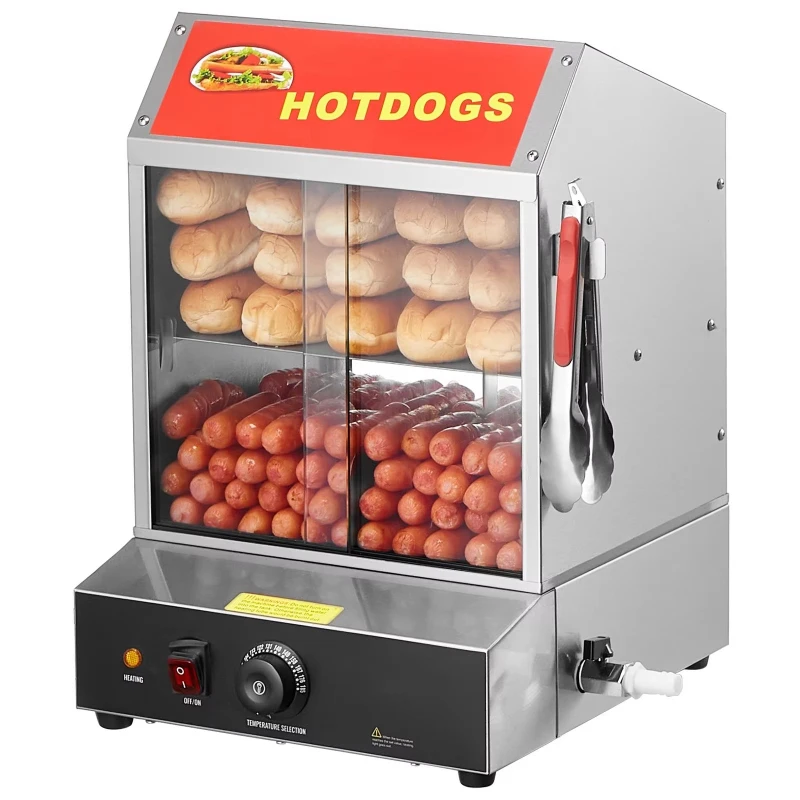 28.5QT 2-Tier Hot Dog Steamer 86-185F Temp Control Electric Bun Warmer Tempered Glass Slide Doors for Warming Holding Equipment