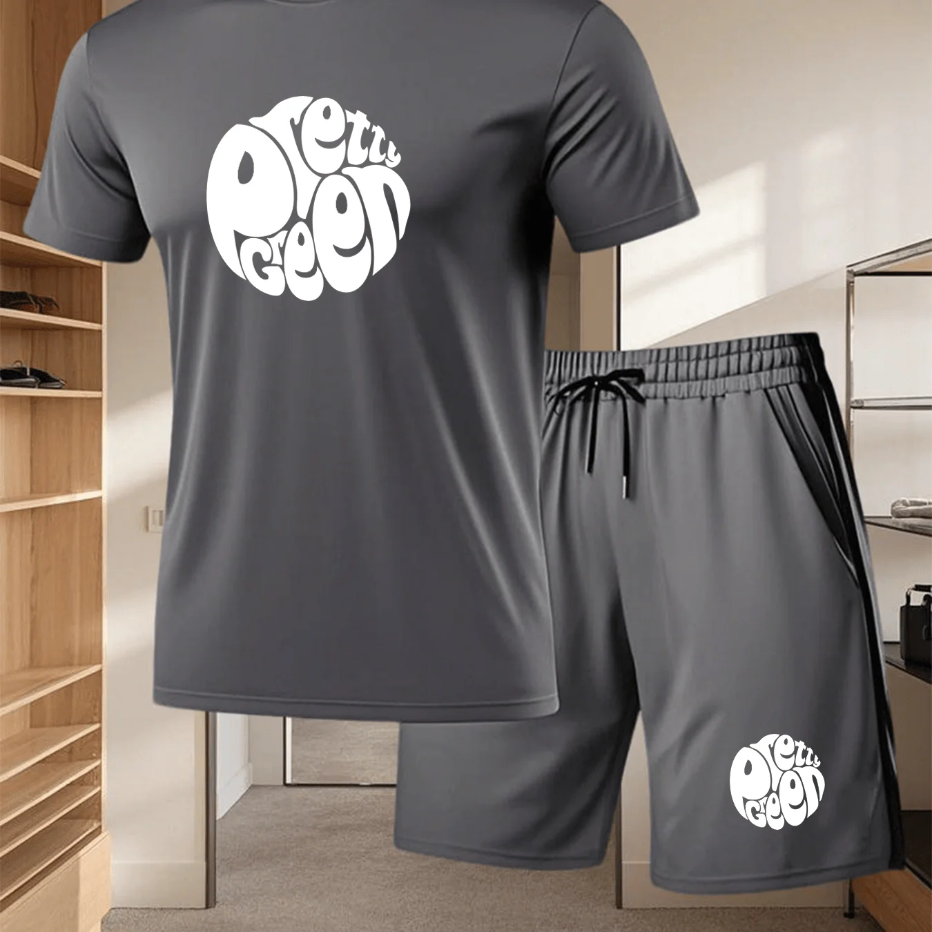 Mens Polyester Knit Two Piece Set Letter Print Tee Loose Shorts Breathable Sportswear For Running Workout Daily Wear view 3