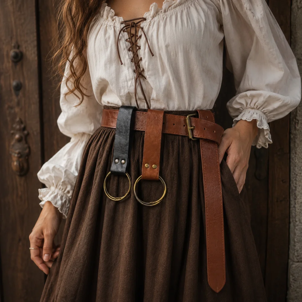 2PC Vintage Distressed PU Medieval Belt with Double Metal Ring Hangers, Adjustable Renaissance Waist Cincher, LARP Cosplay