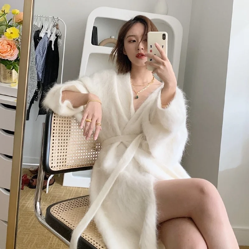 New Autumn Winter Korean Women's Alpaca Hair Trench Coat Bathrobe Wind Tie Hairy Female White Long Windbreaker Outwear Cardigan