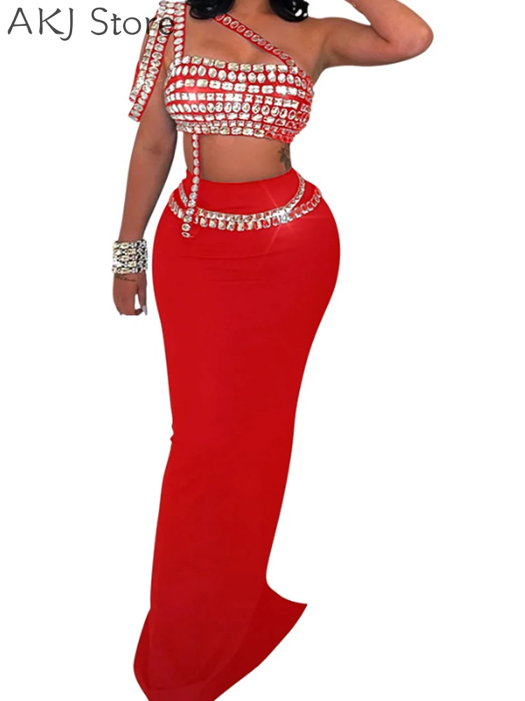 Women 2 Pcs Set Sexy Solid Color Sleeveless Rhinestone Top and High Waist Bodycon Skirt