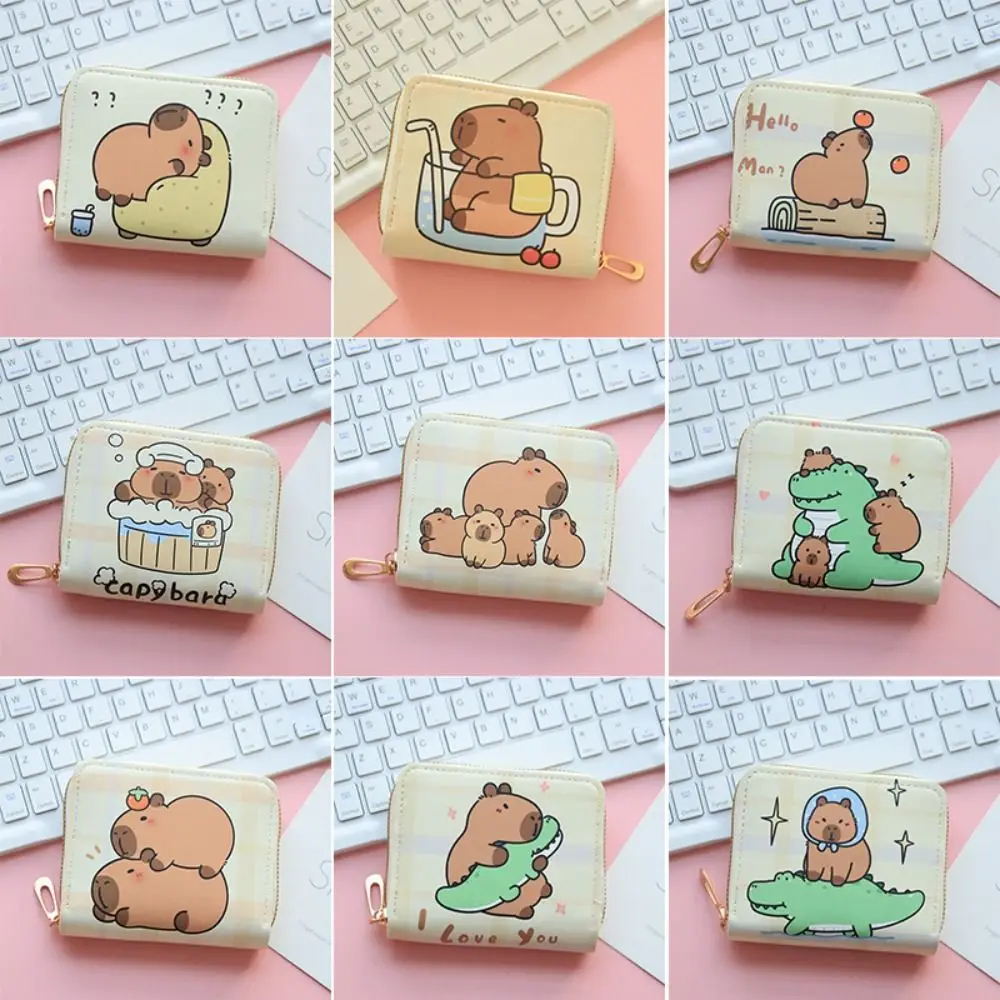 Portable Cartoon Capybara Short Wallet Zipper Multi Slot Coin Purse PU Leather Small Credit Card Holder
