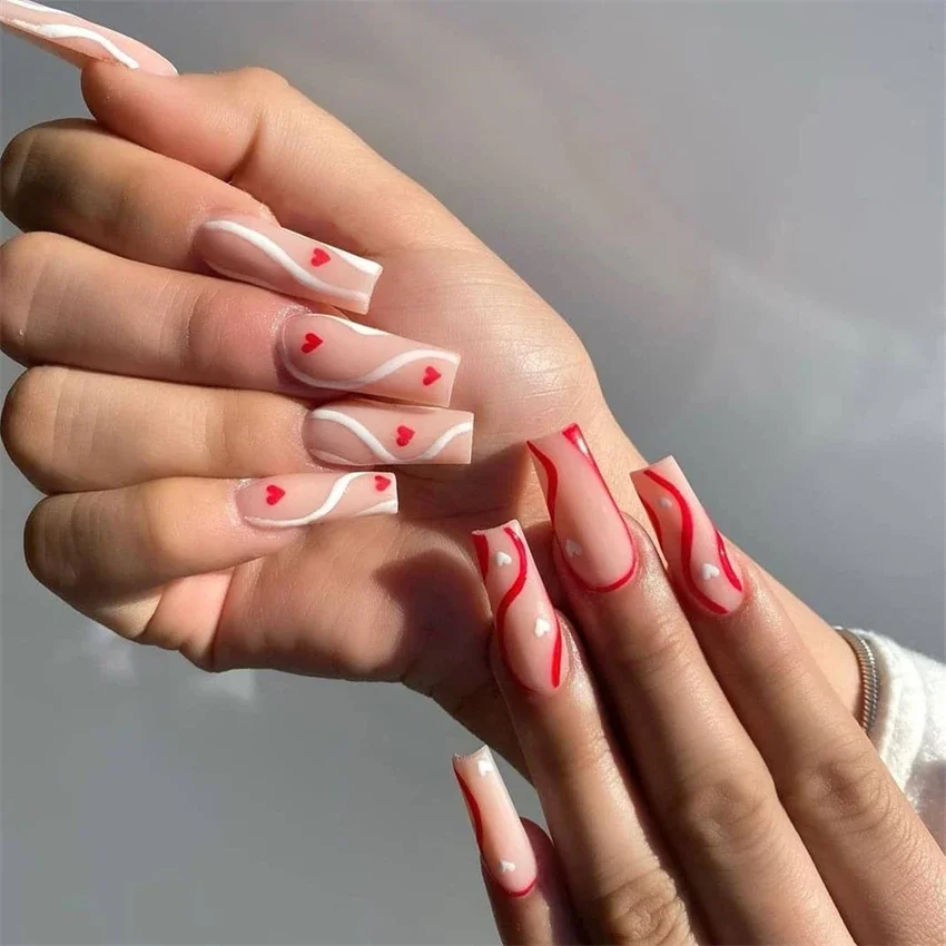 

24Pcs/Set Pop Line Long Ballet Press on Nail Love Line Design Wearing False Nails Full Cover Flat Head Adhesive Fake Nails Tips