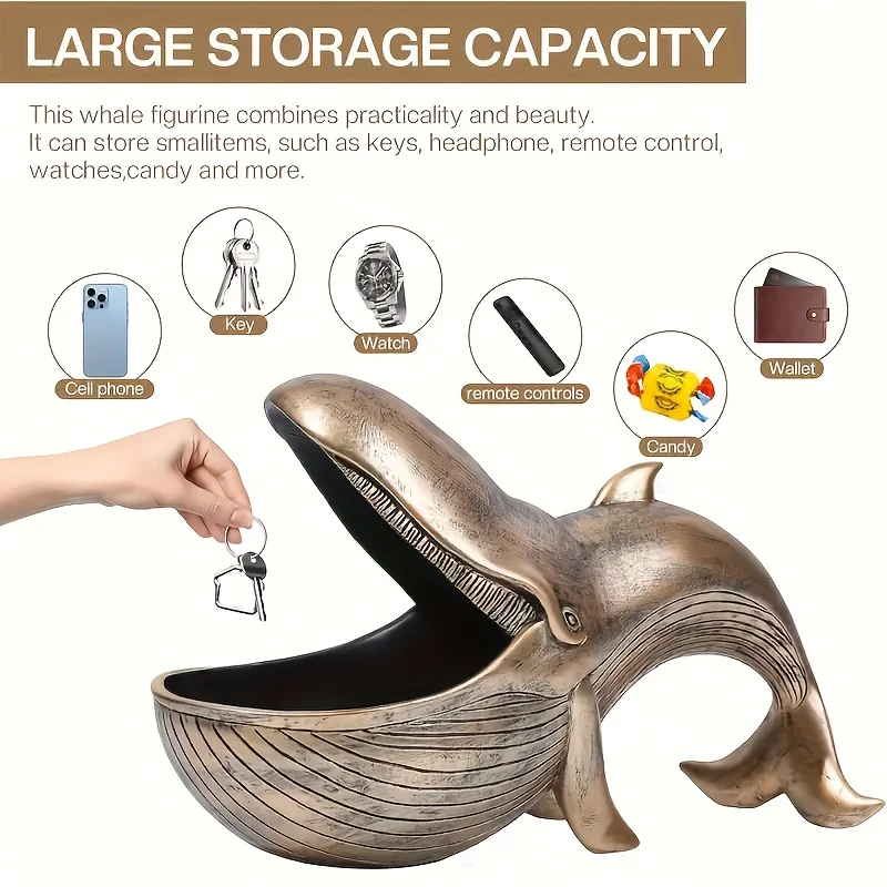 1-piece golden whale-shaped resin bowl - large-capacity key holder, multi-functional home decor suitable for living room, bedroo