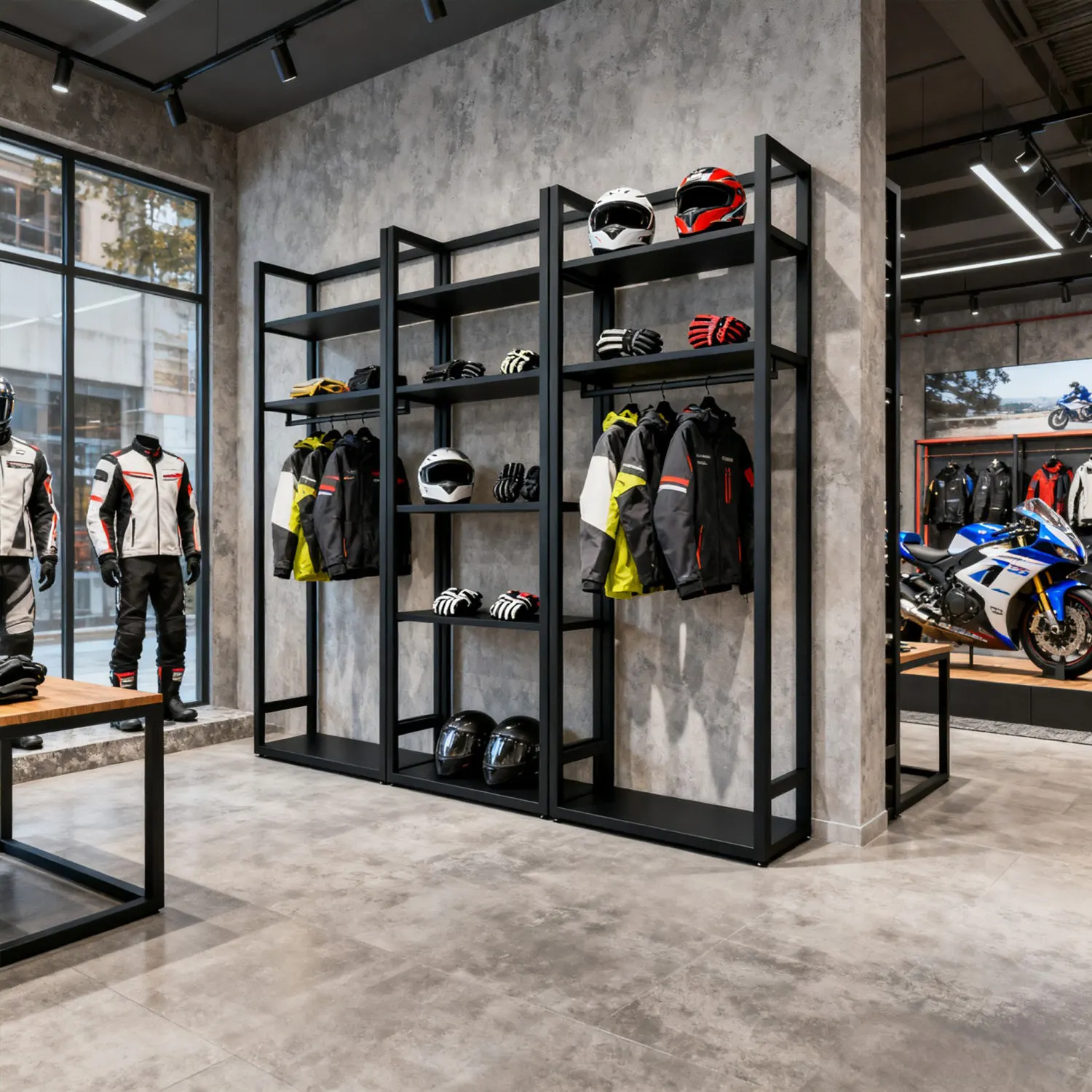 Motorcycle helmet, locomotive accessories display rack, sports clothing rack against the wall shelf, cycling clothes floor