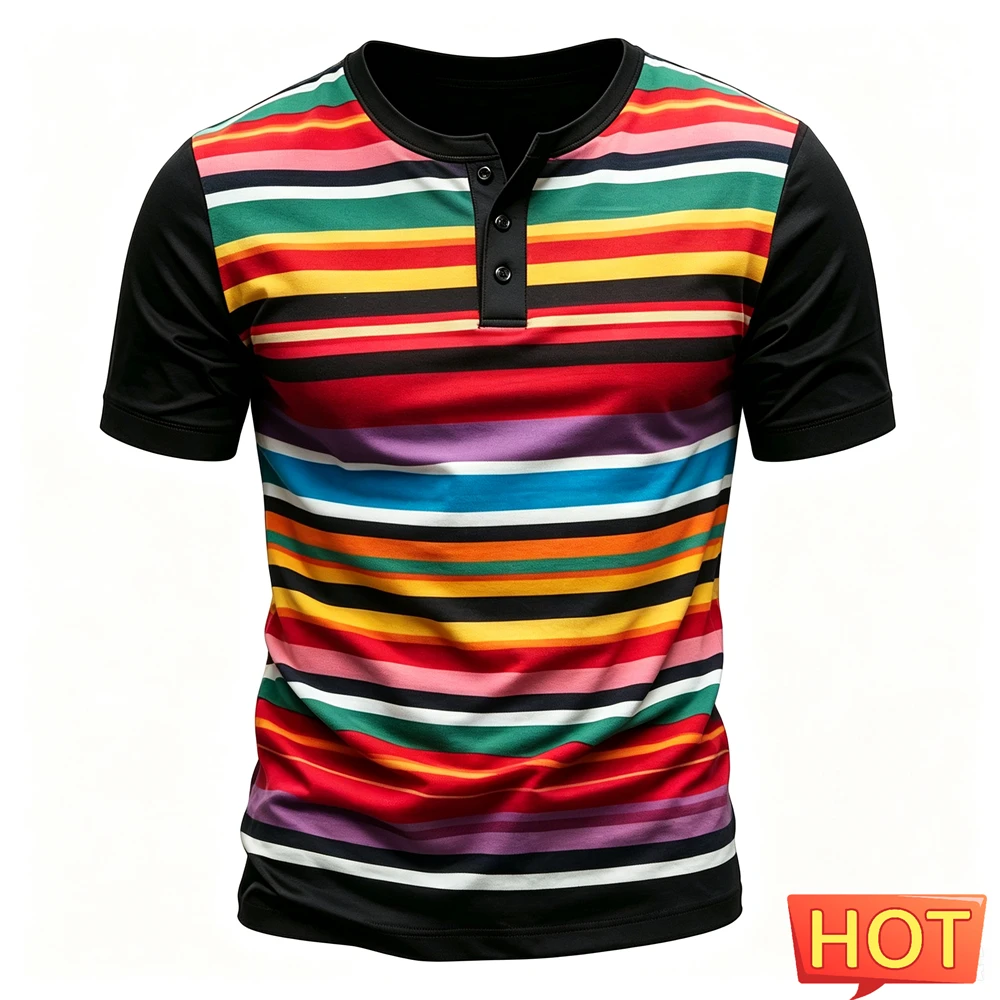 Colorful Stripes Print Men's Henry Shirt Summer Casual Henry Collar Button T shirts Fashion Loose Short Sleeve Tops Men Clothing
