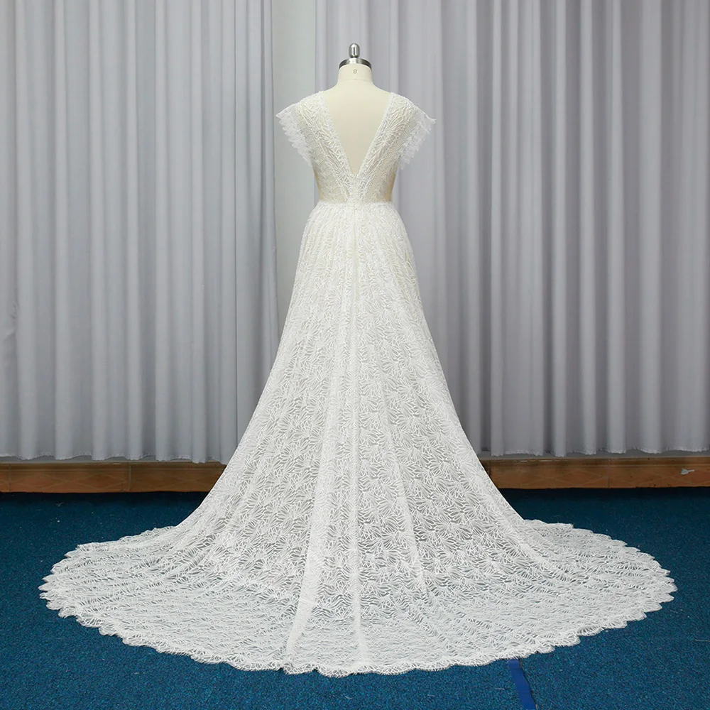 Robe de mariée trapèze en dentelle, robe de mariée de luxe avec cristaux, col en v, manches courtes personnalisées, robes de mariée pour mariée