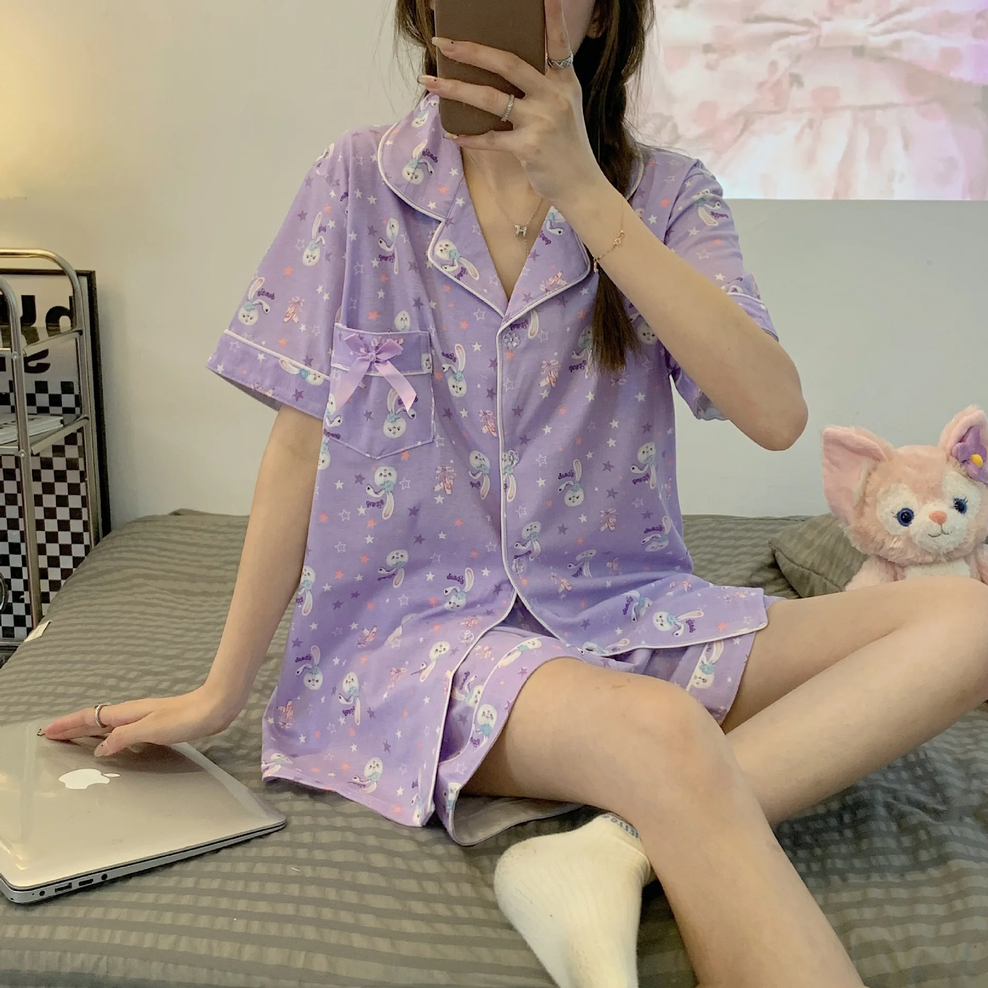 Pajamas women's summer linen cotton short-sleeved shorts two-piece thin section style sexy cotton home service suit for sleepwea
