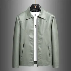 Trendy Men's PU Jackets Classic Solid Color Straight-leg Casual Lapel Leather Jacket Social Versatile Coats Tops Streetwear