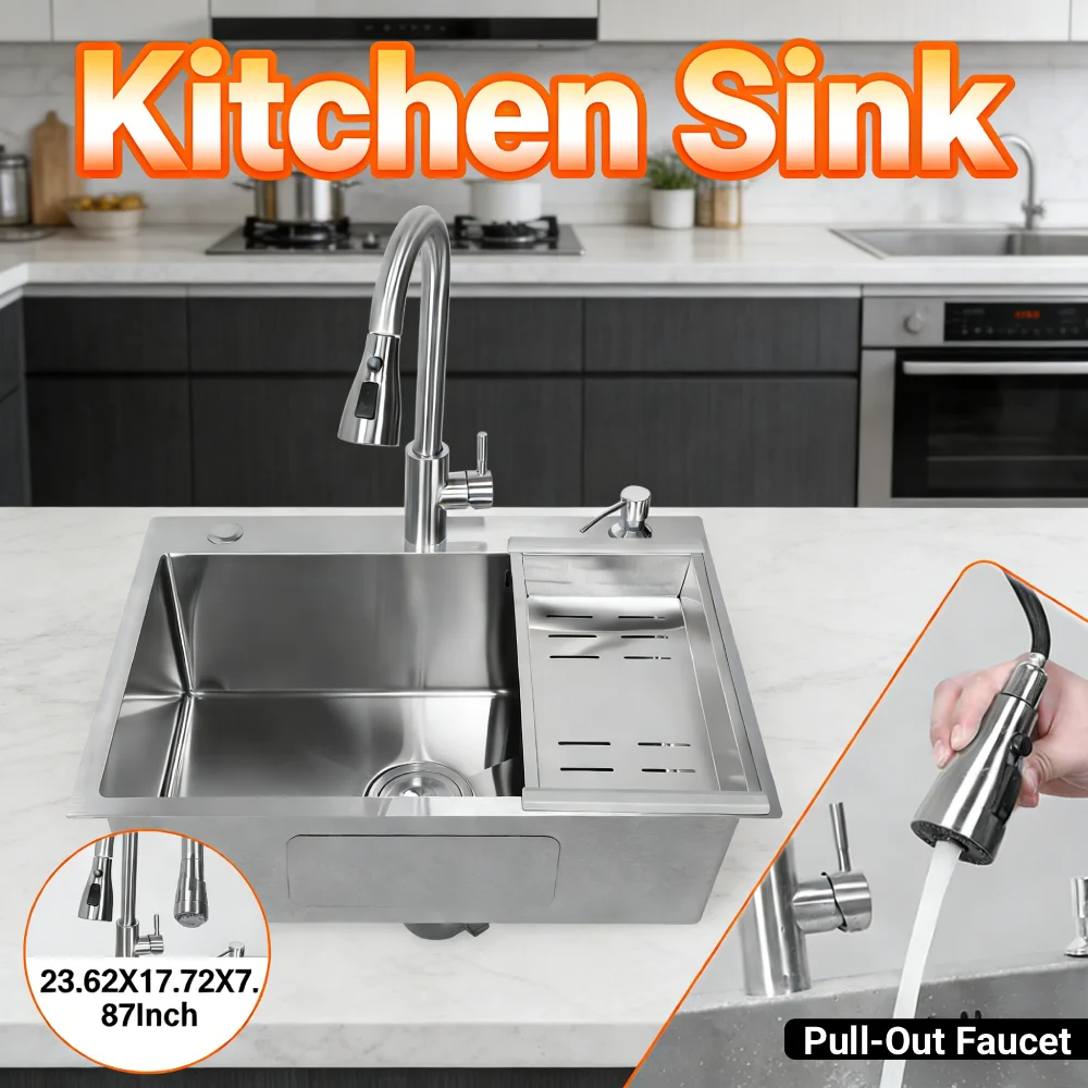 

23.62x17.72x7.87 Inch Workstation Sink Undermount Pull-Out Faucet Stainless Steel Single Slot Easy to Clean Workstation Sink