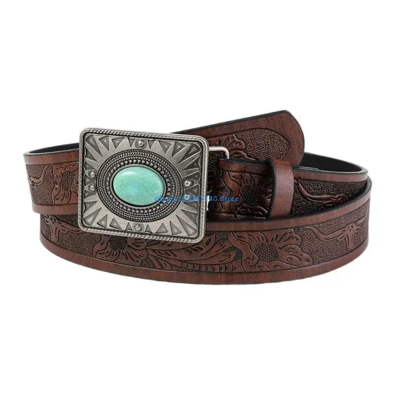 

P88B Turquoise Buckle Waist Belt Bohemian Embossed Pattern Waistband Ethnic Jeans Belt Pants Belt Elegant Adult Waist Decors