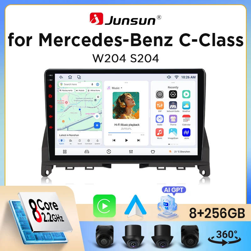 Junsun Wireless CarPlay Android Auto Autoradio für Mercedes-Benz C-Klasse (W204/S204) 2007-2014 mit integriertem Lüfter, Android GPS-Navigation, Multimedia-Player, WiFi, DSP, RDS, BT, SWC,
