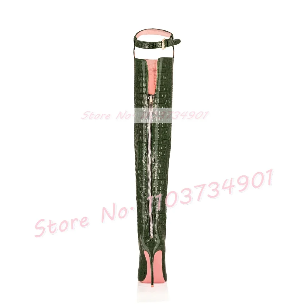 Alligator Thigh Strap Boots Women Pink Sole Back Zipper Pointed High Heels Shoes Ladies Sexy Slim Fashion Big Size Crotch Boots