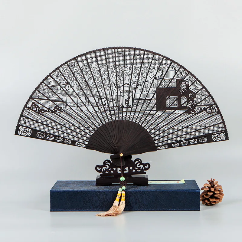 Decorative Fans Ebony Sandalwood Fan Ancient Style Exquisite Hollowed Out Carved Folding Fan Chinese Style Gift Decoration