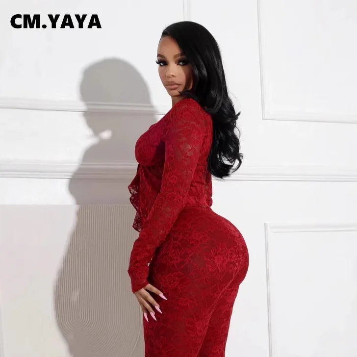 CM.YAYA 2025 طقم نسائي بأكمام طويلة من الدانتيل شفاف من خلال قميص + سراويل طويلة للسهرات في الشارع مثير مكون من قطعتين ملابس رياضية