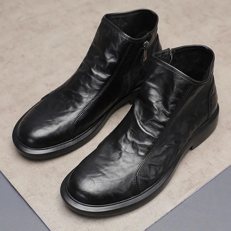 Men's Genuine Top-Grain Cowhide Work High-Top Boots Breathable Hand-Textured British Style Casual Single-Layer Leather Shoes
