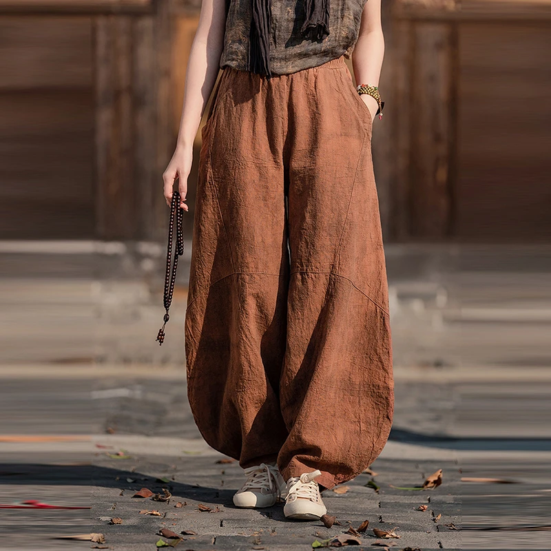 

2024, весна-лето, арт-стиль, женские свободные повседневные брюки с эластичной резинкой на талии, винтажные хлопковые и льняные широкие джинсы, высокое качество 220