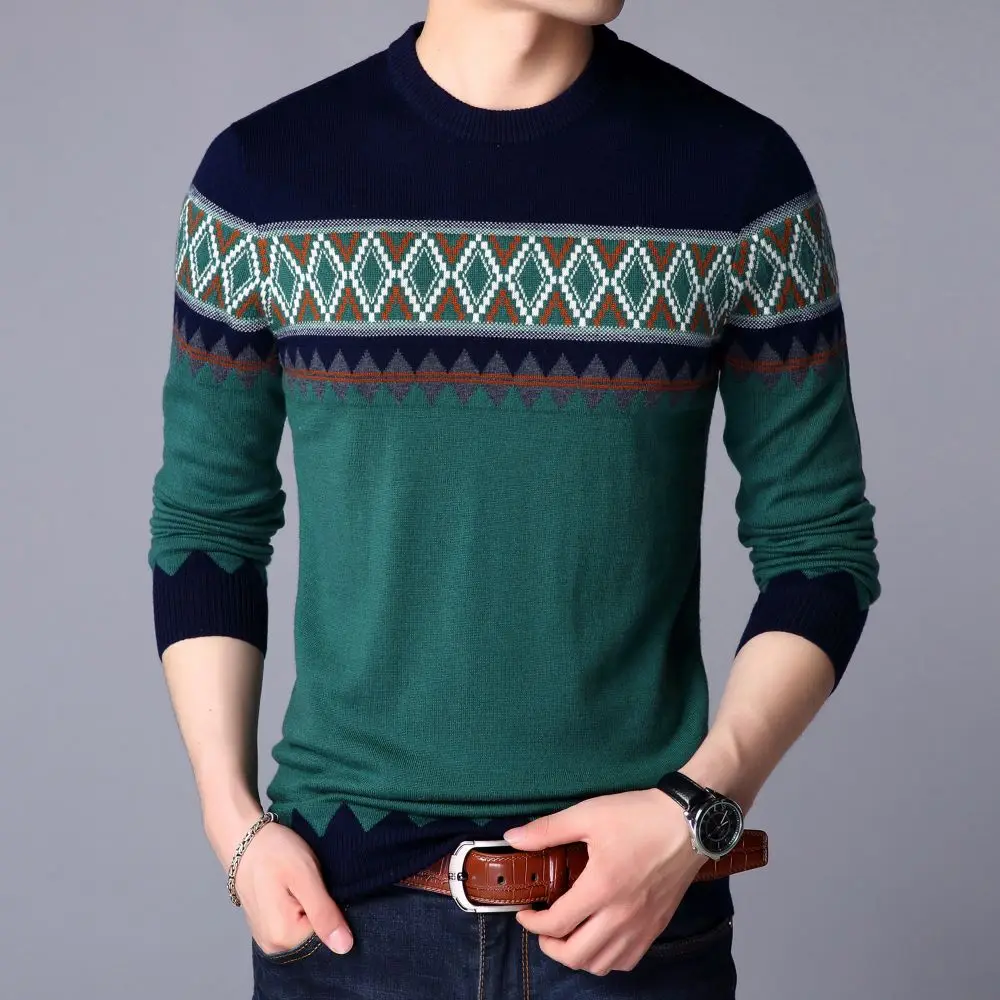 

COODRONY Fashion Design Sense Men's Round Neck Warm Sweater All Wool Soft Skincare Long Sleeve T-shirt Ethnic Style Top W5818