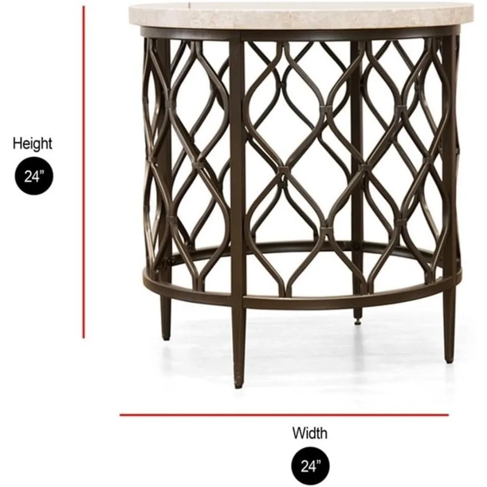 Furnitur Roland Meja Ujung Marmer Bulat, Atasan Batu dengan Meja Ujung Dasar Logam Perunggu, Dasar Logam Perunggu, Desain Modern, Ruang Tamu