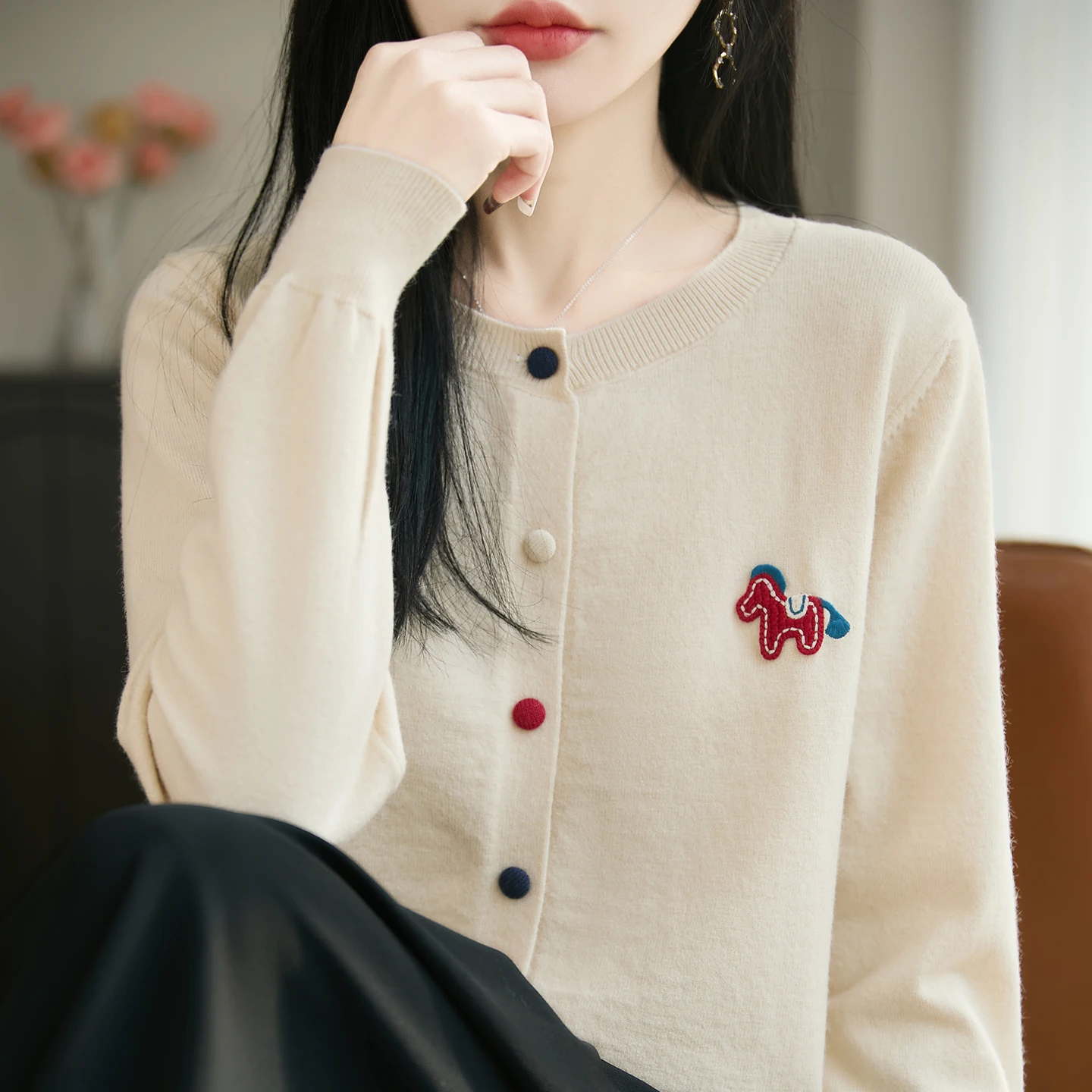 

Korean Sle round Ne Embroidered Color Blo Button Open Cardigan Women's Slim Fit Spring Thin Knitted Sweater Outer...