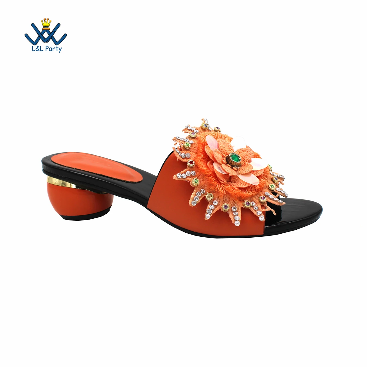 Orange High Quality Peep Toe Slipper wihtout Bag Flowers Design for Nigerian Royal Ladies Wededing Party