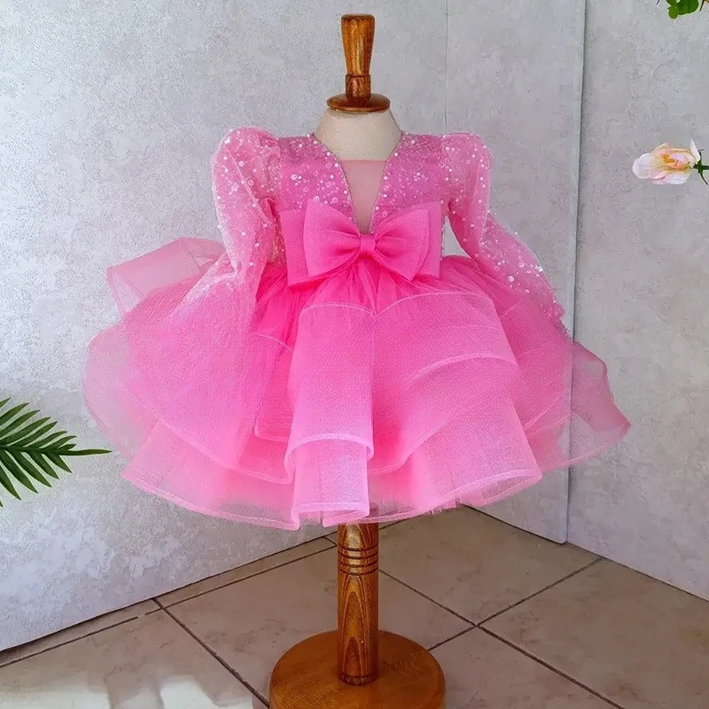 2025 Girls Pink Princess Dress Long Sleeve Puffy Gown Kids First Birthday Party Outfit 1 Years Old Formal Celebration Matching