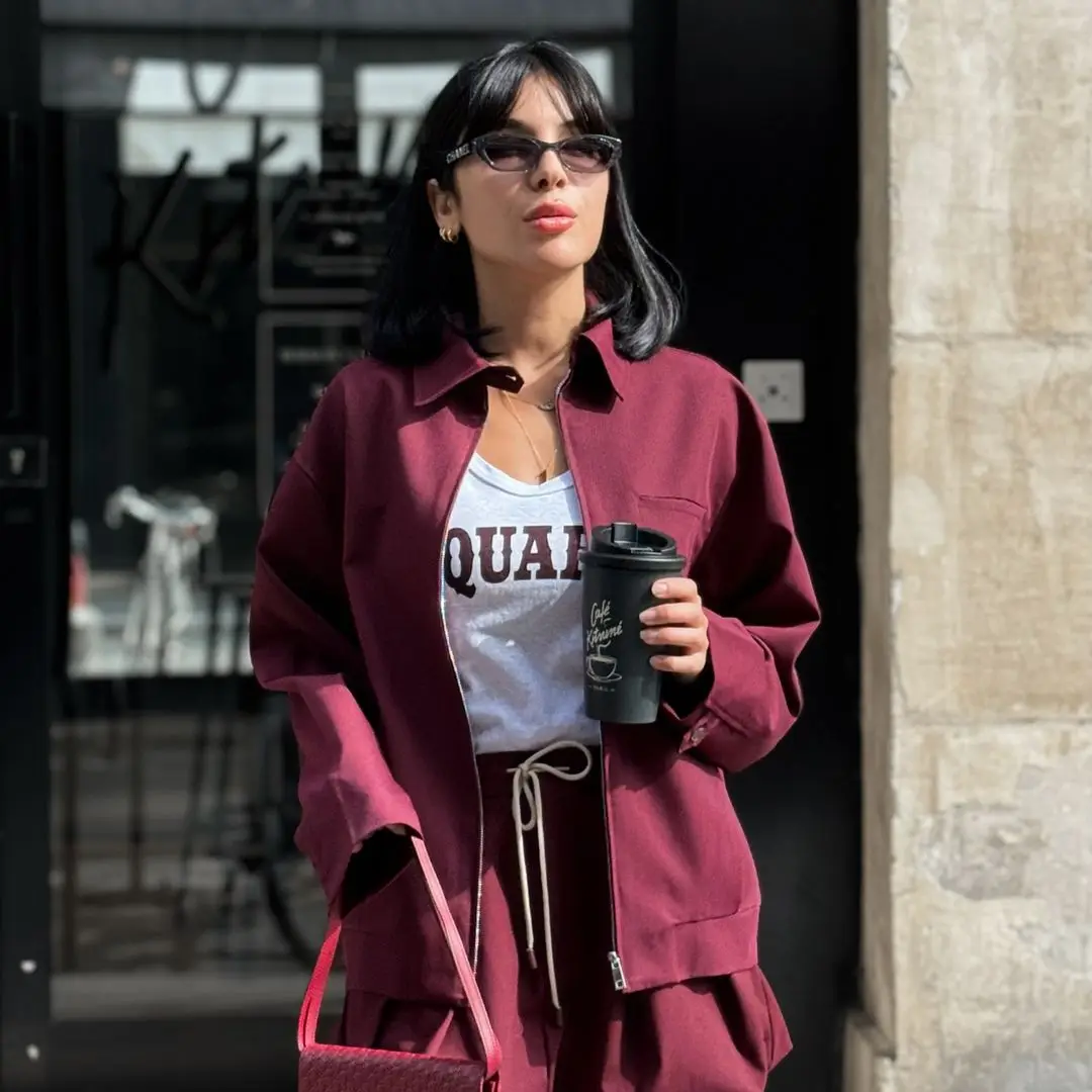 Women\'s Fashion Casual Wine Red Jacket Commuting Zipper Lapel Collar Long Sleeve Coat 2024 Autumn New Ladies Street Outerwear