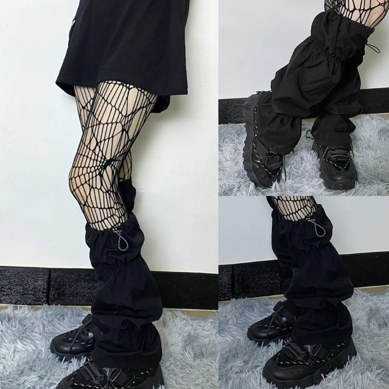 Calcetines japoneses hasta pantorrilla para mujeres y niñas, calentadores piernas negros con cordón fruncido gótico Punk,