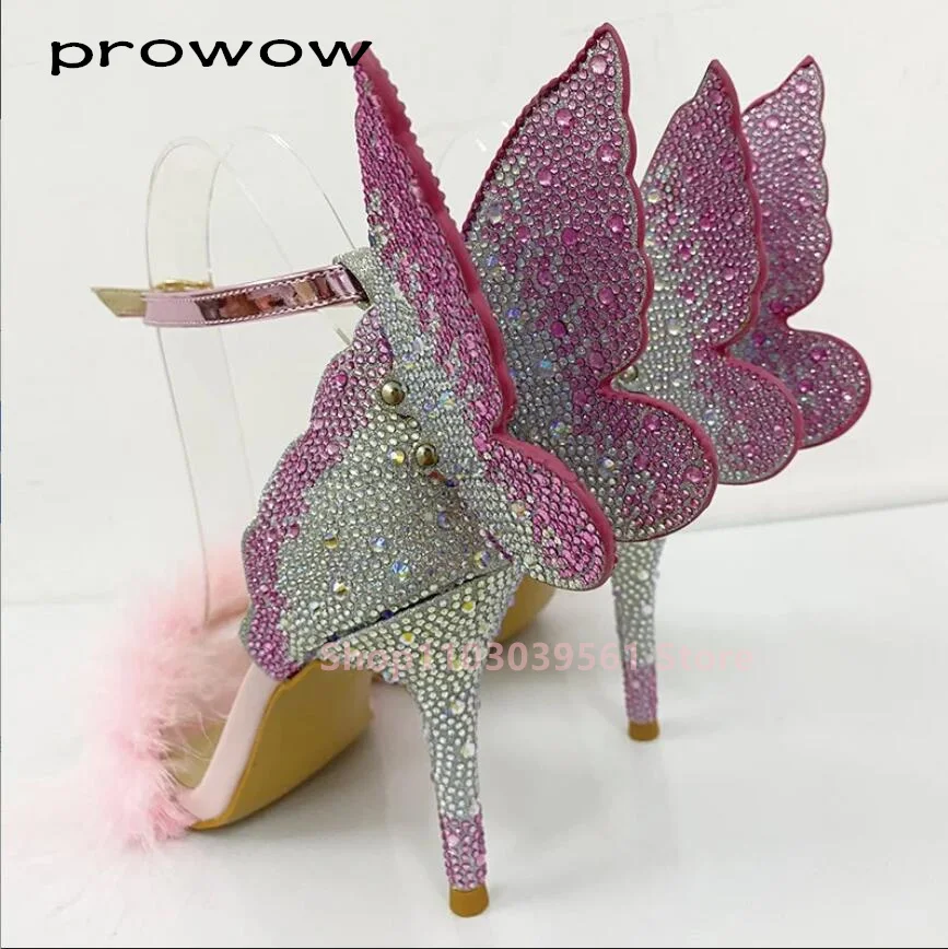 Dames Sandalen Engelenvleugels Vlinder Decoratie Roze Bont Bling Glitter Dunne Hoge Hakken Zomer