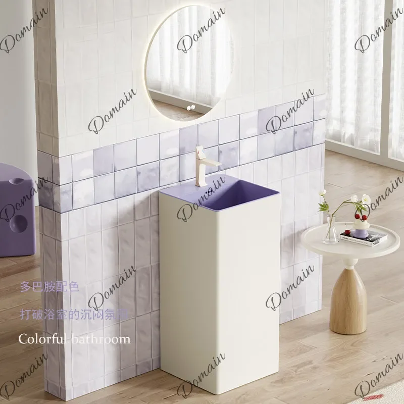 LQ Purple square column basin, cream wind bathroom, household floor-to-ceiling integrated ceramic face wash basin B