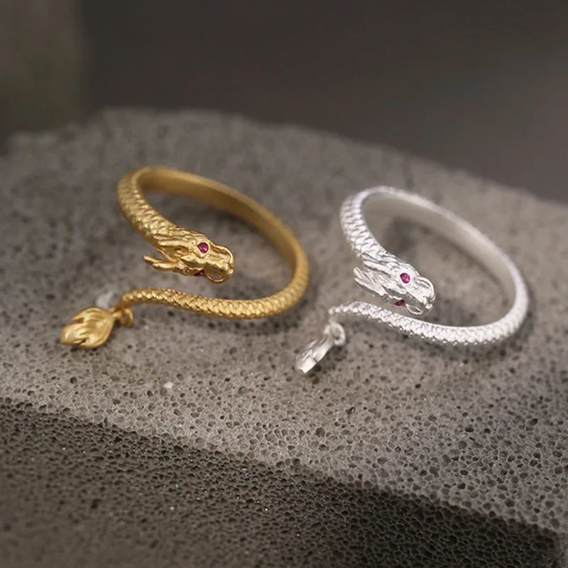 Women's Long Dragon Ring with Red Zircon