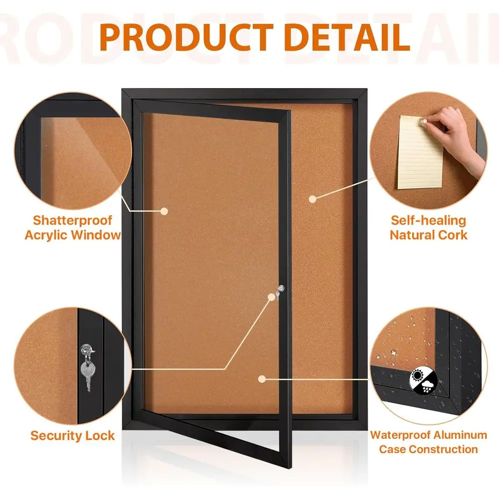 Quadro de Cortiça Fechado e Seguro de 36x24 Polegadas, Quadro de Avisos Externo com Porta Trancável para Uso Empresarial e Educacional