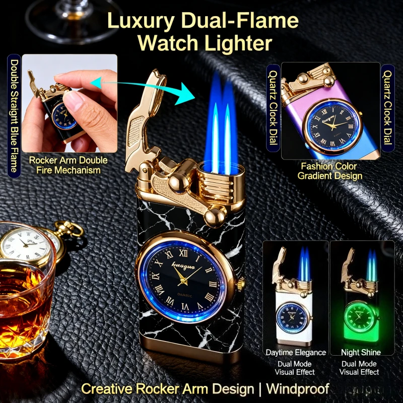 

2-in-1 Wrist Watch Cigar Lighter - Windproof Jet Double Tube, Outdoor-Ready, Premium Smoking Accessory & Unique Gadget for Men