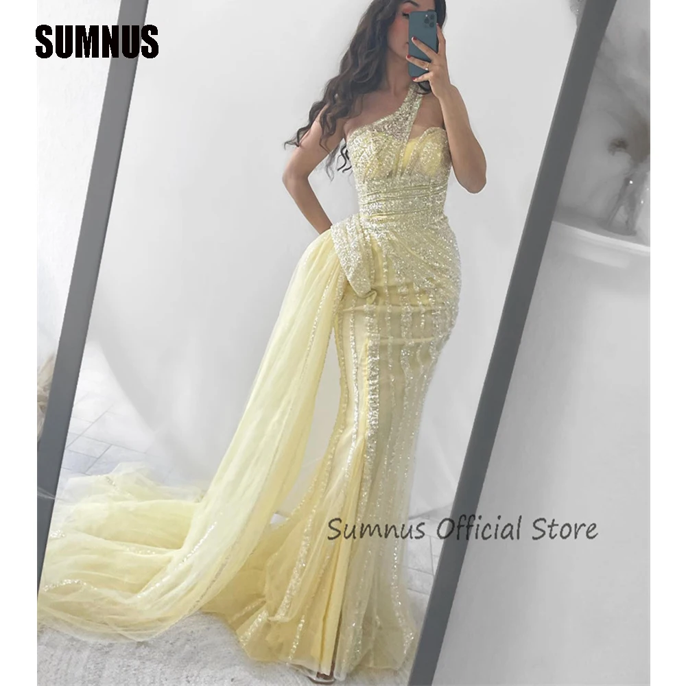 SUMNUS Luxury Mermaid Evening Dresses for Women Sleeveless Arabic Party Gowns Draped Train Shiny Yellow Sequined Prom Dress Sexy