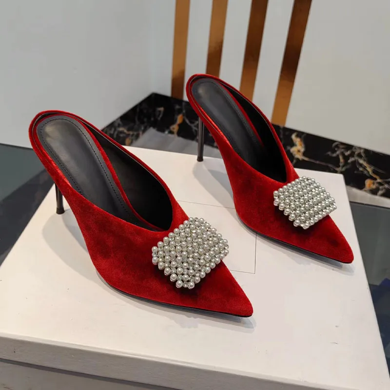 Pearl Decoration Suede Half Head Slipper Runway High-Heel Wedding Genuine Leather Summer Stiletto Heel Women Shoes High Quality