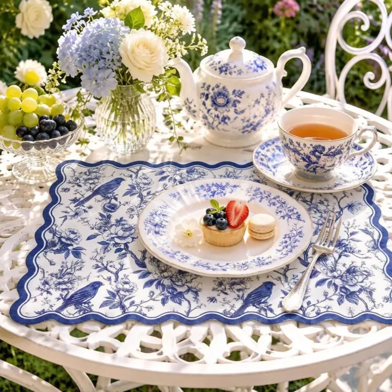 2/4/6PCS Retro Blue and White Porcelain Flower Wave Edge Meal Mat Insulation, Washable, Non slip Table Mat Kitchen Home Decor
