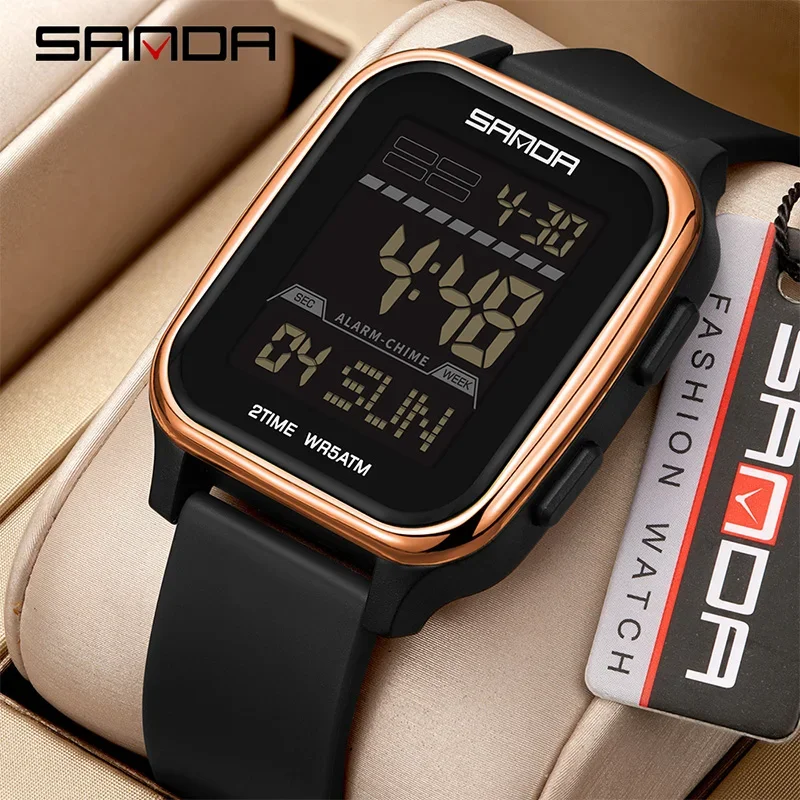 SANDA New Fashion Men Electronic Watch Multifunctional Square Dial Calendar Sports Luminous Waterproof Countdown Digital Watch
