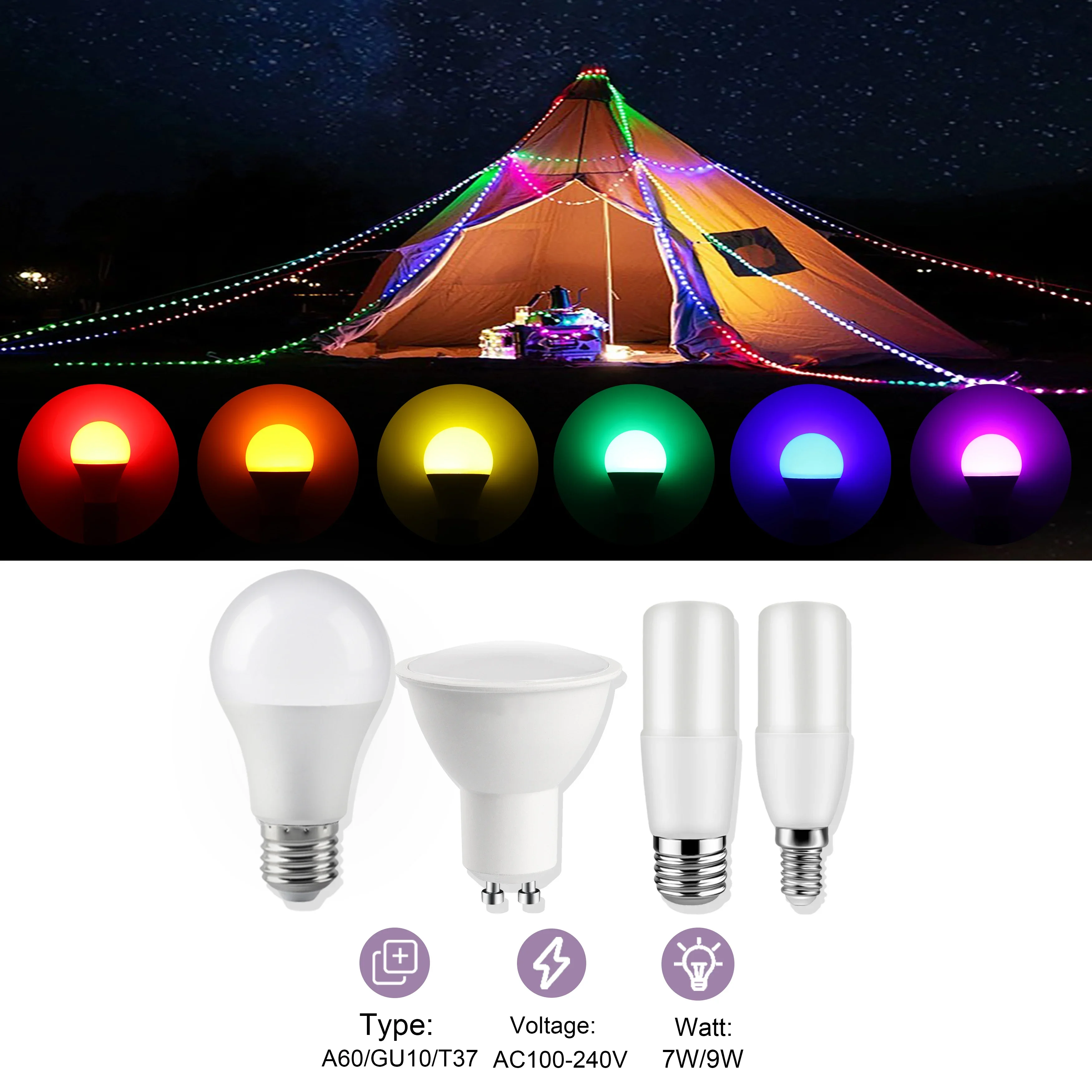 2PCS Colorful Lighting Bulb E27 E14 GU10 Led Spotlight Purple light AC100-240V for festival celebration KTV Bar Party Showcase