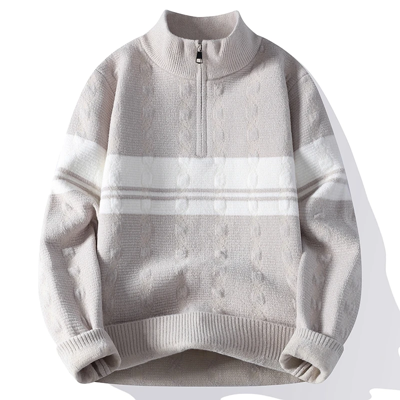 

Бежевый пуловер на молнии, мужской свитер с воротником-стойкой, тяжелый жаккардовый вязаный свитер, осень-зима, теплый удобный мужской кардиган
