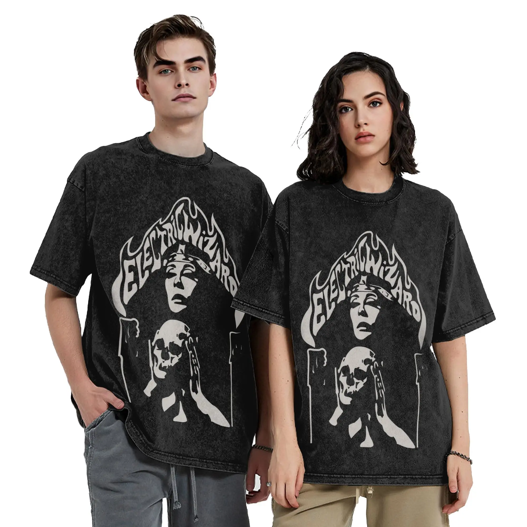 Washed T Shirts Electric Wizards Hip Hop Vintage T-Shirts Street  Streetwear 100% Cotton Printed Tops Tee Shirt Men Women