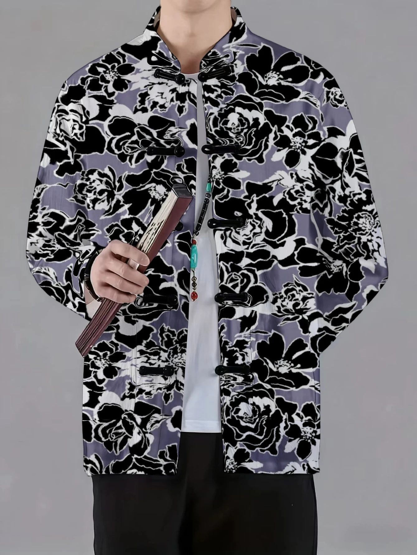 Men Mandarin Collar Frog Button Jacket Floral Galaxy Bamboo Art Print Traditional Outerwear - view 5
