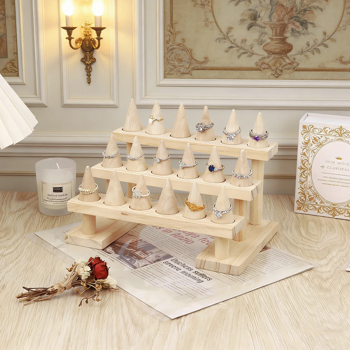 

Простая подставка-конус из массива дерева для демонстрации колец, ювелирная витрина, подставка для колец, реквизит для прямых трансляций